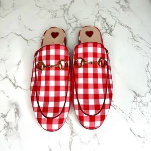 Gucci Red and White Gingham Princetown Mules size 37.5